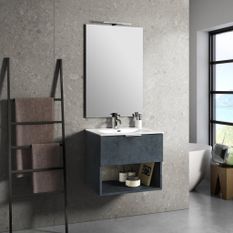 Ensemble meuble de salle de bain 1 tiroir bleu effet pierre et miroir lumineux Noe L 60 cm
