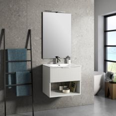 Ensemble meuble de salle de bain 1 tiroir bois blanc et miroir lumineux Noe L 60 cm