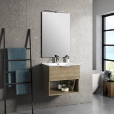 Ensemble meuble de salle de bain 1 tiroir bois chêne clair et miroir lumineux Noe L 60 cm