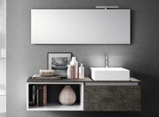 Ensemble meuble de salle de bain 1 tiroir gris oxyde avec étagère et miroir à LED Teph L 140 cm