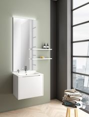 Ensemble meuble de salle de bain 1 tiroir laqué blanc mat avec miroir lumineux et 2 étagères Selb L 60 cm