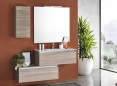 Ensemble meuble de salle de bain 2 tiroirs 1 armoire bois clair et miroir à LED Teph L 150 cm