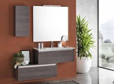 Ensemble meuble de salle de bain 2 tiroirs 1 armoire bois foncé et miroir à LED Teph L 150 cm