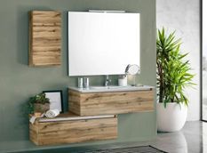 Ensemble meuble de salle de bain 2 tiroirs 1 armoire chêne clair et miroir à LED Teph L 150 cm