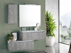 Ensemble meuble de salle de bain 2 tiroirs 1 armoire effet béton mat et miroir à LED Teph L 150 cm