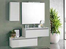 Ensemble meuble de salle de bain 2 tiroirs 1 armoire laqué blanc mat et miroir à LED Teph L 150 cm