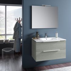 Ensemble meuble de salle de bain 2 tiroirs beige et miroir à LED Mola L 90 cm