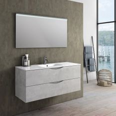 Ensemble meuble de salle de bain 2 tiroirs blanc effet pierre et miroir à LED Olo L 120 cm