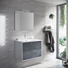 Ensemble meuble de salle de bain 2 tiroirs blanc et bleu effet pierre et miroir à LED Oga L 70 cm