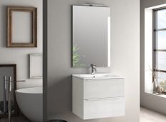 Ensemble meuble de salle de bain 2 tiroirs bois blanc et miroir lumineux Malo L 60 cm