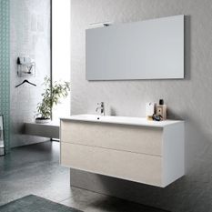 Ensemble meuble de salle de bain 2 tiroirs bois blanc et miroir à LED Goa L 120 cm