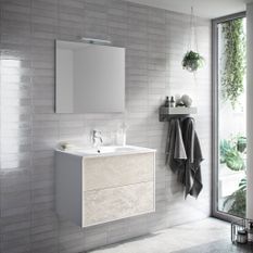 Ensemble meuble de salle de bain 2 tiroirs bois blanc et miroir à LED Oga L 70 cm