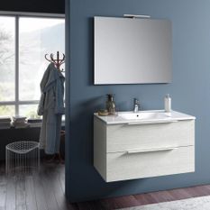 Ensemble meuble de salle de bain 2 tiroirs bois blanc et miroir à LED Mola L 100 cm