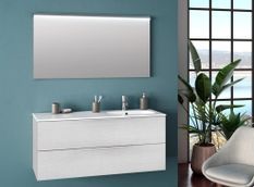 Ensemble meuble de salle de bain 2 tiroirs bois blanc et miroir à LED Malo L 120 cm