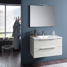 Ensemble meuble de salle de bain 2 tiroirs bois blanc et miroir à LED Mola L 90 cm