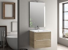 Ensemble meuble de salle de bain 2 tiroirs bois chêne clair et miroir lumineux Malo L 60 cm