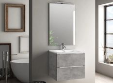 Ensemble meuble de salle de bain 2 tiroirs bois effet béton et miroir lumineux Malo L 60 cm