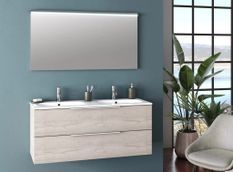 Ensemble meuble de salle de bain 2 tiroirs bois gris clair double vasque et miroir lumineux Molam L 120 cm