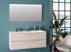 Ensemble meuble de salle de bain 2 tiroirs bois gris clair et miroir à LED Malo L 120 cm