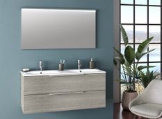 Ensemble meuble de salle de bain 2 tiroirs bois gris et miroir à LED Malo L 120 cm