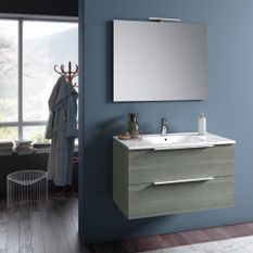 Ensemble meuble de salle de bain 2 tiroirs bois gris et miroir à LED Mola L 90 cm