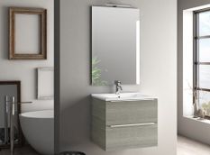 Ensemble meuble de salle de bain 2 tiroirs bois gris et miroir lumineux Malo L 60 cm