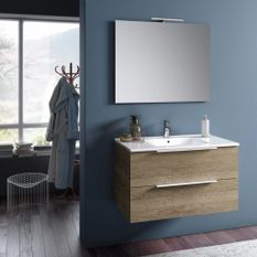 Ensemble meuble de salle de bain 2 tiroirs chêne clair et miroir à LED Mola L 100 cm