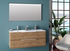 Ensemble meuble de salle de bain 2 tiroirs chêne clair et miroir à LED Mola L 120 cm