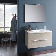 Ensemble meuble de salle de bain 2 tiroirs gris clair et miroir à LED Mola L 100 cm