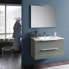 Ensemble meuble de salle de bain 2 tiroirs gris et miroir à LED Mola L 100 cm