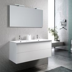 Ensemble meuble de salle de bain 2 tiroirs laqué blanc double vasque et miroir à LED Oga L 120 cm