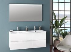 Ensemble meuble de salle de bain 2 tiroirs laqué blanc double vasque et miroir lumineux Molam L 120 cm