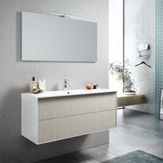 Ensemble meuble de salle de bain 2 tiroirs laqué blanc et beige et miroir à LED Lago L 120 cm