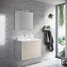 Ensemble meuble de salle de bain 2 tiroirs laqué blanc et beige et miroir à LED Oga L 70 cm