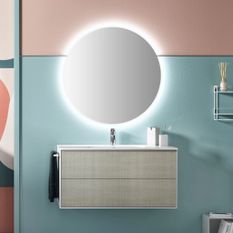 Ensemble meuble de salle de bain 2 tiroirs laqué blanc et beige et miroir lumineux Lago L 100 cm 2