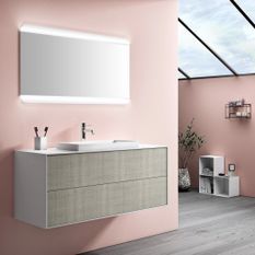 Ensemble meuble de salle de bain 2 tiroirs laqué blanc et beige et miroir lumineux Lago L 120 cm 2