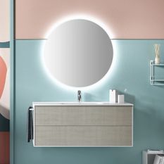 Ensemble meuble de salle de bain 2 tiroirs laqué blanc et beige et miroir lumineux Lago L 120 cm