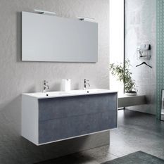 Ensemble meuble de salle de bain 2 tiroirs laqué blanc et bleu effet pierre double vasque et miroir à LED Oga L 120 cm
