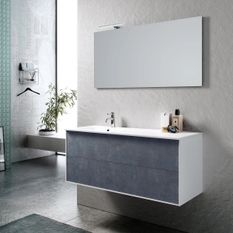 Ensemble meuble de salle de bain 2 tiroirs laqué blanc et bleu effet pierre et miroir à LED Goa L 120 cm