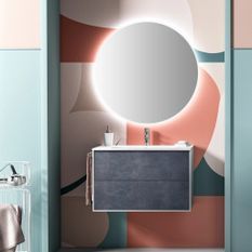 Ensemble meuble de salle de bain 2 tiroirs laqué blanc et bleu effet pierre et miroir à LED Lago L 80 cm