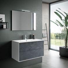 Ensemble meuble de salle de bain 2 tiroirs laqué blanc et bleu effet pierre et miroir à LED Oga L 90 cm