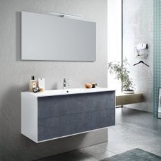 Ensemble meuble de salle de bain 2 tiroirs laqué blanc et bleu effet pierre et miroir à LED Lago L 120 cm