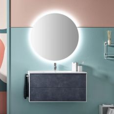 Ensemble meuble de salle de bain 2 tiroirs laqué blanc et bleu gris et miroir lumineux Lago L 100 cm 2