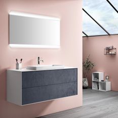 Ensemble meuble de salle de bain 2 tiroirs laqué blanc et bleu gris et miroir lumineux Lago L 120 cm