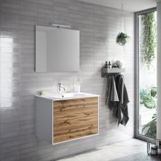 Ensemble meuble de salle de bain 2 tiroirs laqué blanc et chêne et miroir à LED Oga L 70 cm