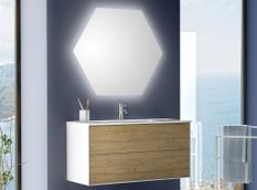 Ensemble meuble de salle de bain 2 tiroirs laqué blanc et chêne et miroir lumineux Lago L 100 cm