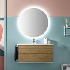 Ensemble meuble de salle de bain 2 tiroirs laqué blanc et chêne et miroir lumineux Lago L 100 cm 2