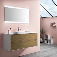 Ensemble meuble de salle de bain 2 tiroirs laqué blanc et chêne et miroir lumineux Lago L 120 cm 2