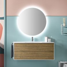 Ensemble meuble de salle de bain 2 tiroirs laqué blanc et chêne et miroir lumineux Lago L 120 cm