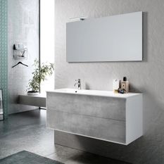 Ensemble meuble de salle de bain 2 tiroirs laqué blanc et effet béton et miroir à LED Goa L 120 cm